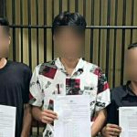 Tiga tersangka terduga pelaku Tindak Pidana Perdagangan Orang (TPPO), (foto : humas Polda Sulut)