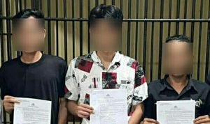 Tiga tersangka terduga pelaku Tindak Pidana Perdagangan Orang (TPPO), (foto : humas Polda Sulut)