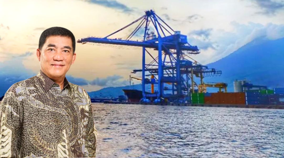 Calon Gubernur Sulawesi Utara, Mayjen TNI (Purn) Yulius Selvanus SE dengan latar Pelabuhan Peti Kemas Kota Bitung. (Foto: Istimewa)
