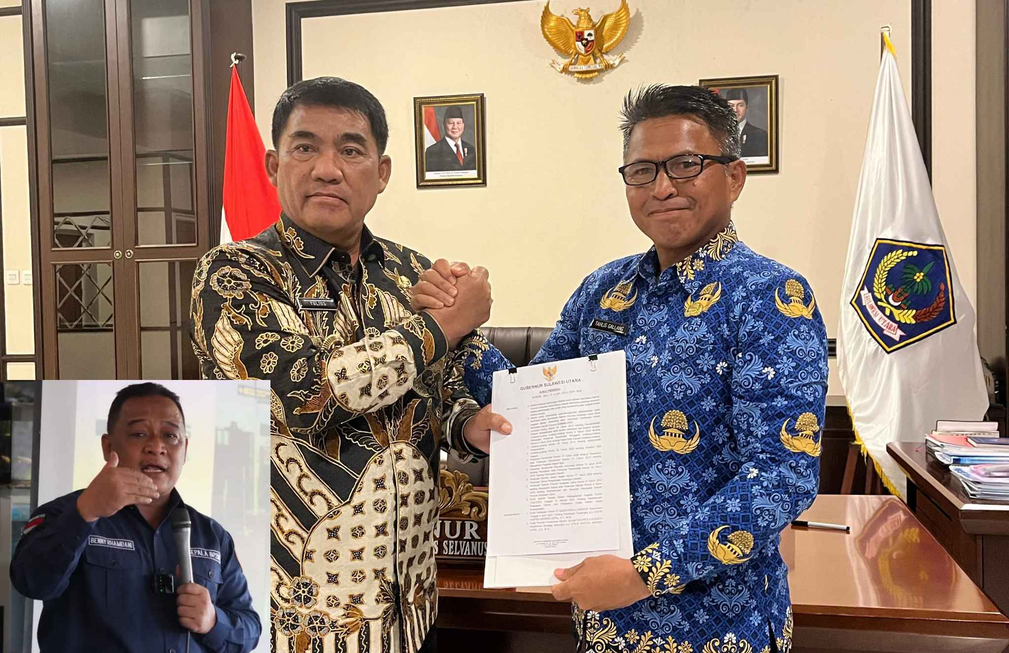 Tahlis Galang saat menerima Surat Keputusan (SK) di ruang kerja Gubernur, Wisma Negara Bumi Beringin Manado, Kamis (17/4/2025) malam. (insert : Benny Rhamdani)