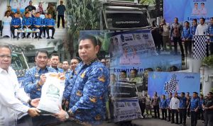 ‎Gubernur Yulius saat Launching Penyaluran Bantuan Pangan di Loby Kantor Gubernur, (foto istimewa/kolase alternatif)