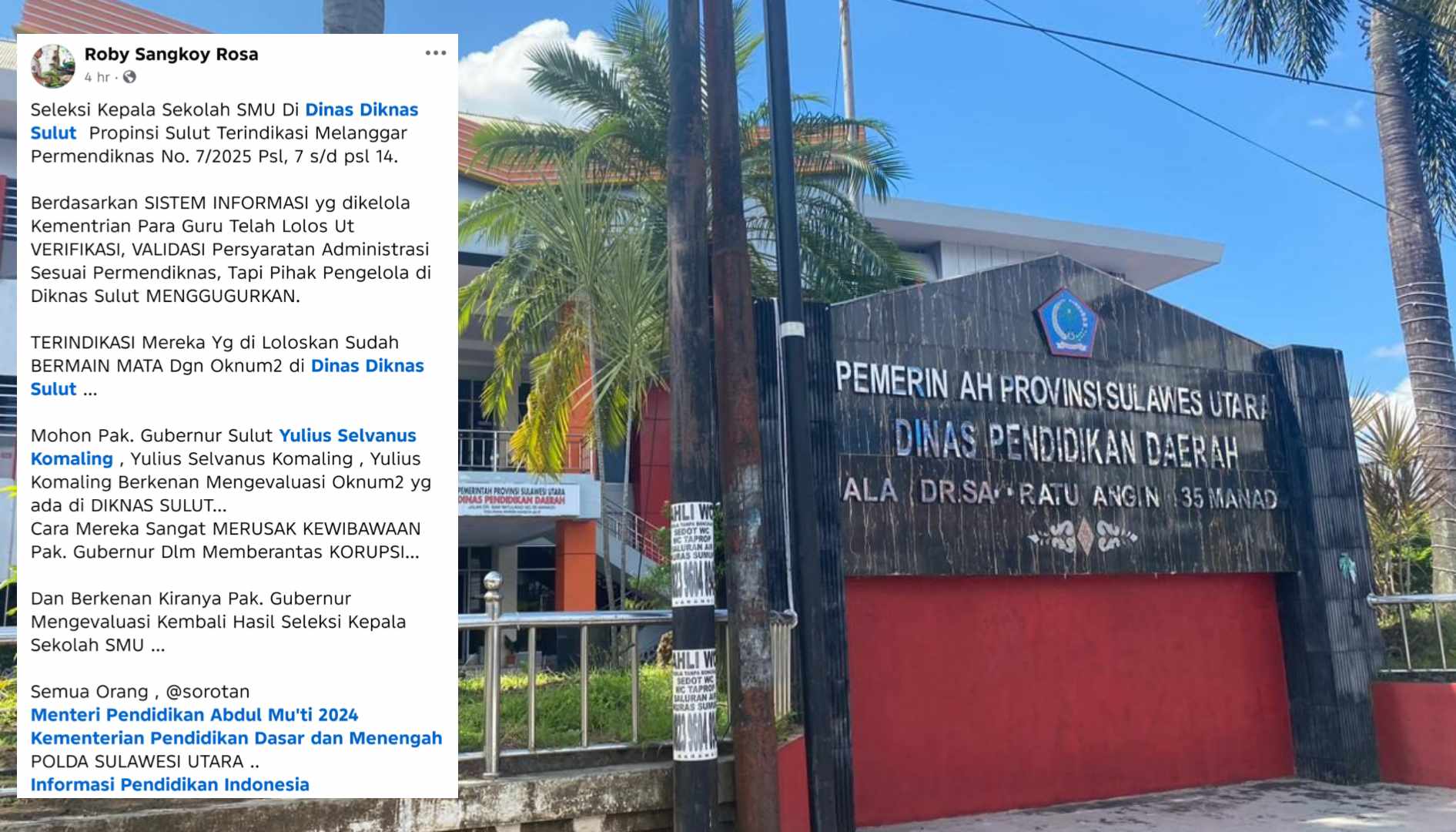 Kantor Dikda Sulut, Insert Postingan akun Roby Sangkoy Rosa di Facebook (foto : istimewa/kolase alternatif)