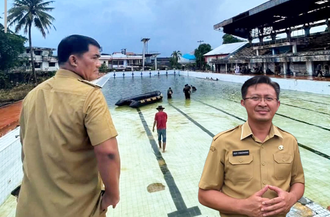 Gubernur Sulut Yulius Selvanus Komaling (YSK), saat meninjau langsung kondisi Kolam Renang Sario yang terbengkalai. Insert Foto Kadispora Sulut Audy Pangemanan