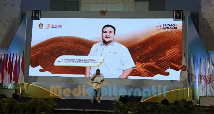 Standius Bara Prima (SBP) saat membawakan sambutan dalam musda Tidar sulut di FourPoint by Sheraton Hotel, Manado, Minggu (26/4/2026). foto : mediaalternatif