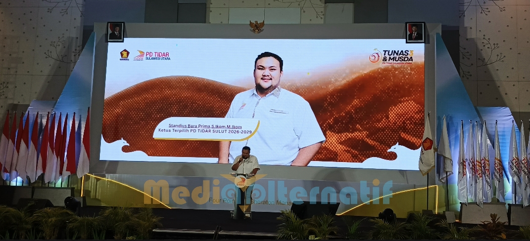 Standius Bara Prima (SBP) saat membawakan sambutan dalam musda Tidar sulut di FourPoint by Sheraton Hotel, Manado, Minggu (26/4/2026). foto : mediaalternatif