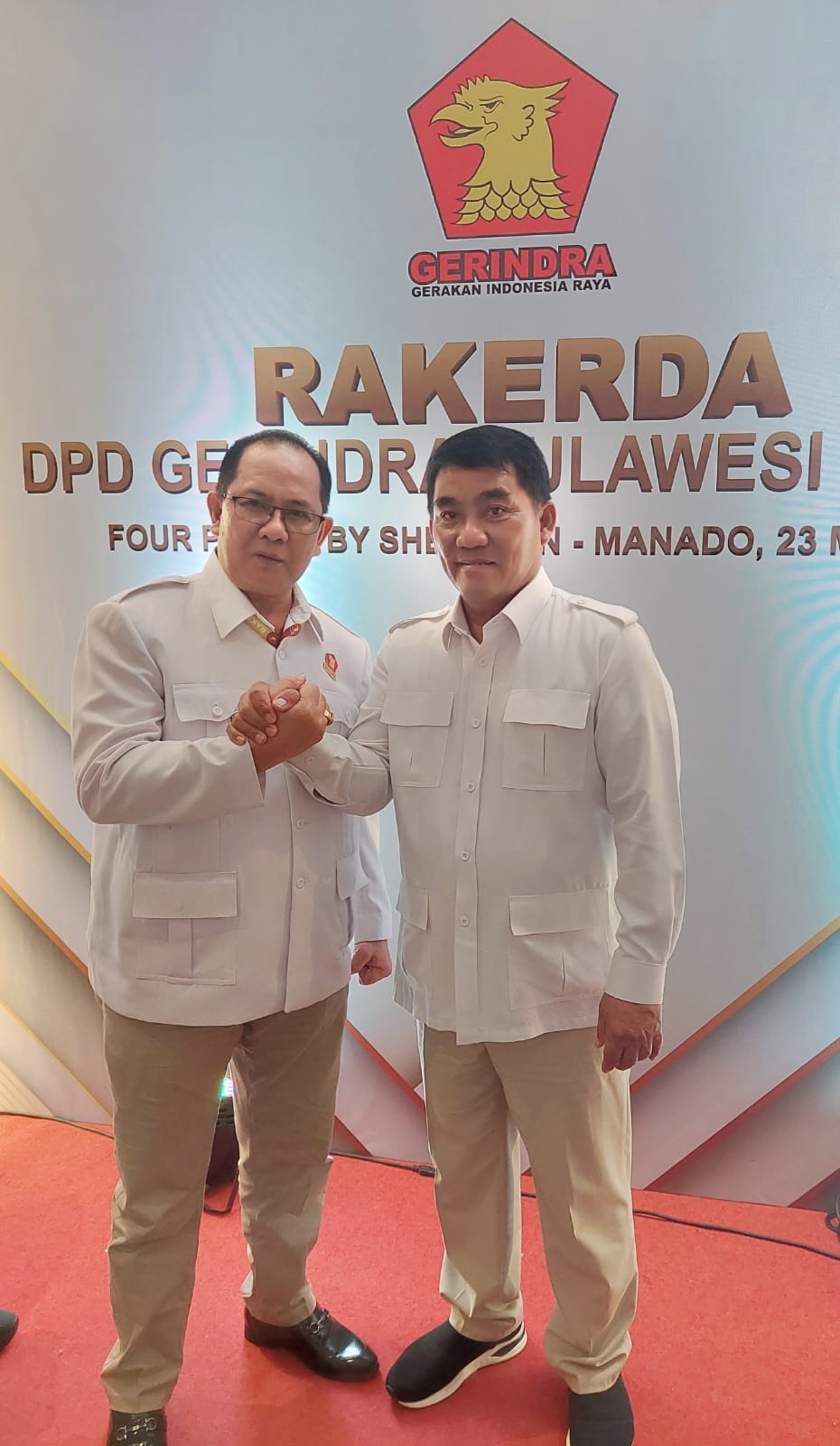 Momen Ketua DPD Yulius Selvanus Komaling (YSK) bersama Frede Aries Massie (FAM) di Rakerda Gerindra, Sabtu (23/5/2026)