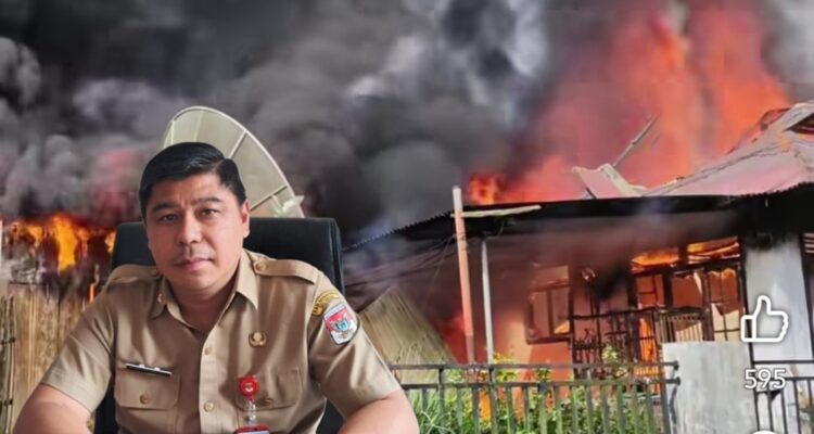 Tangkapan layar foto kebakaran di Desa Suluun Satu, insert Kadis Kominfo Tusrianto Rumengan (grafis : alternatif)