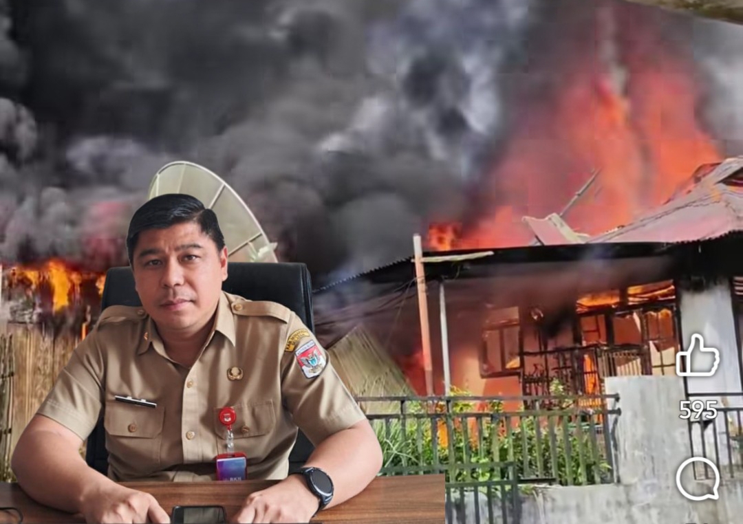 Tangkapan layar foto kebakaran di Desa Suluun Satu, insert Kadis Kominfo Tusrianto Rumengan (grafis : alternatif)