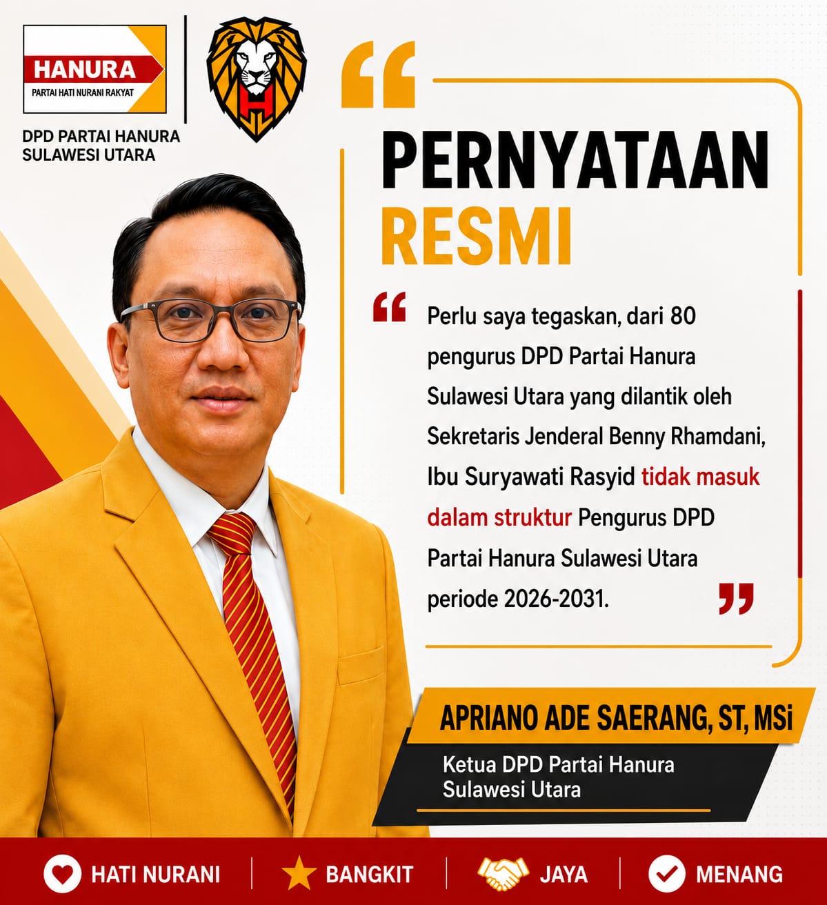 Ketua DPD Hanura Sulut,Apriano Ade Saerang, ST, MSi, (AAS)