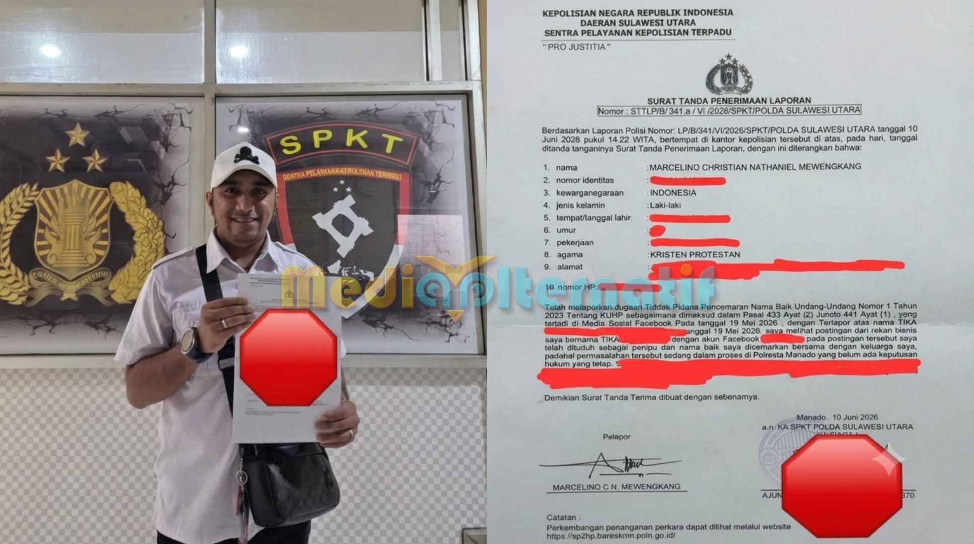 Marcelino Mewengkang saat melapor di SPKT Polda Sulut, (grafis : alternatif)