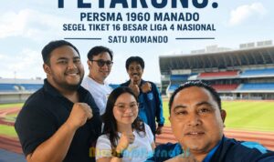 Ketua Panpel Liga 4 Piala Gubernur Sulut Fighter Aprilia dan Direktur Persma Meyvo Rumengan bersama menejemen Persma 1960 di Stadion Mandala Krida Yogyakarta, Senin (15/6/2026). (grafis : mediaalternatif)