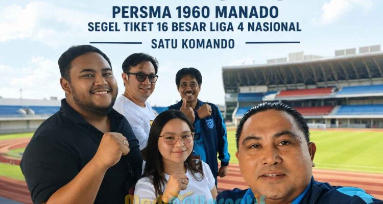 Ketua Panpel Liga 4 Piala Gubernur Sulut Fighter Aprilia dan Direktur Persma Meyvo Rumengan bersama menejemen Persma 1960 di Stadion Mandala Krida Yogyakarta, Senin (15/6/2026). (grafis : mediaalternatif)