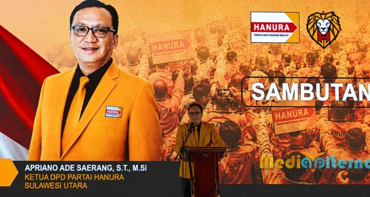 Ketua DPD Hanura Sulut Apriano Ade Saerang (AAS) saat membawakan sambutan usai dilantik Sekjen DPP Benny Rhamdani. (foto : mediaalternatif)