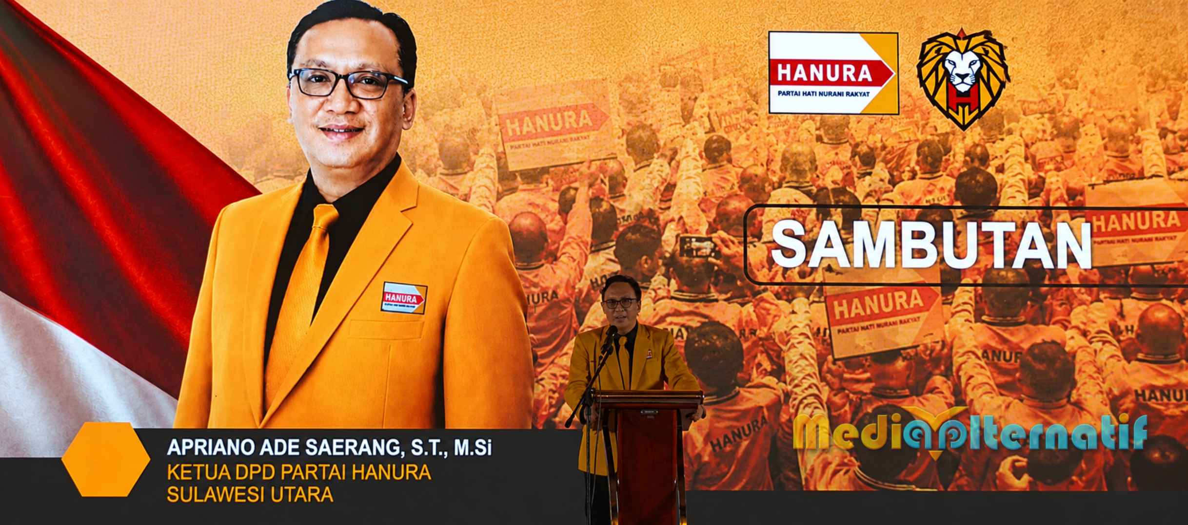 Ketua DPD Hanura Sulut Apriano Ade Saerang (AAS) saat membawakan sambutan usai dilantik Sekjen DPP Benny Rhamdani. (foto : mediaalternatif)