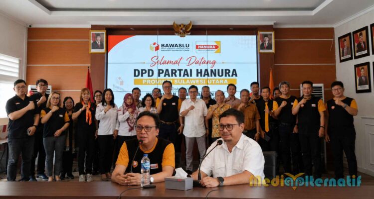 Foto bersama Pengurus DPD Partai Hanura Sulut dan jajaran struktural Bawaslu, Rabu (24 Juni 2026). (dok.bawaslu/grafis:mediaalternatif)