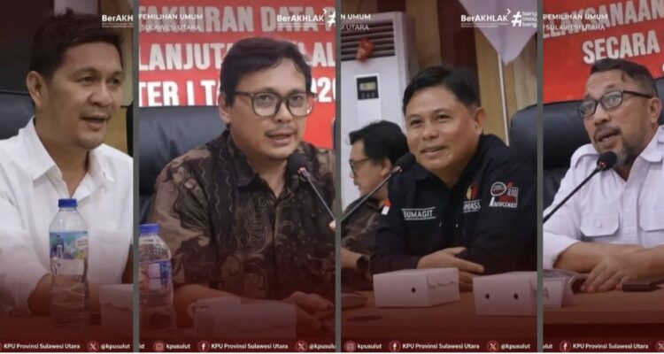 Foto : Ketua KPU Sulut Kenly Poluan, Ketua Bawaslu Sulut Ardiles Mewoh, Anggota Bawaslu Sulut Donny Rumagit, Anggota KPU Sulut Salman Saelangi (grafis : mediaalternatif)