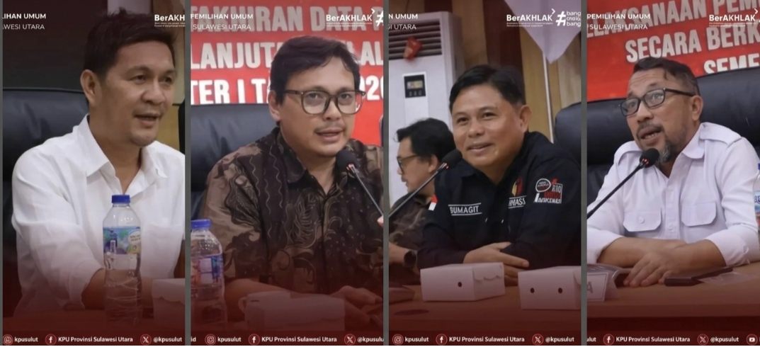 Foto : Ketua KPU Sulut Kenly Poluan, Ketua Bawaslu Sulut Ardiles Mewoh, Anggota Bawaslu Sulut Donny Rumagit, Anggota KPU Sulut Salman Saelangi (grafis : mediaalternatif)
