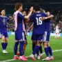 Para pemain Jepang merayakan gol ke gawang Tunisia di laga Grup F Piala Dunia 2026. (REUTERS/Daniel Becerril)