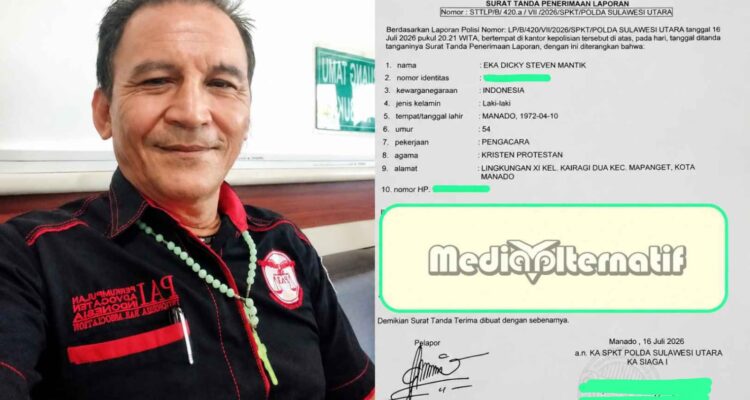 Pelapor Eka Dicky Steven Mantik (kiri) LP di Polda Sulut (kanan). (dok/grafis:mediaalternatif)