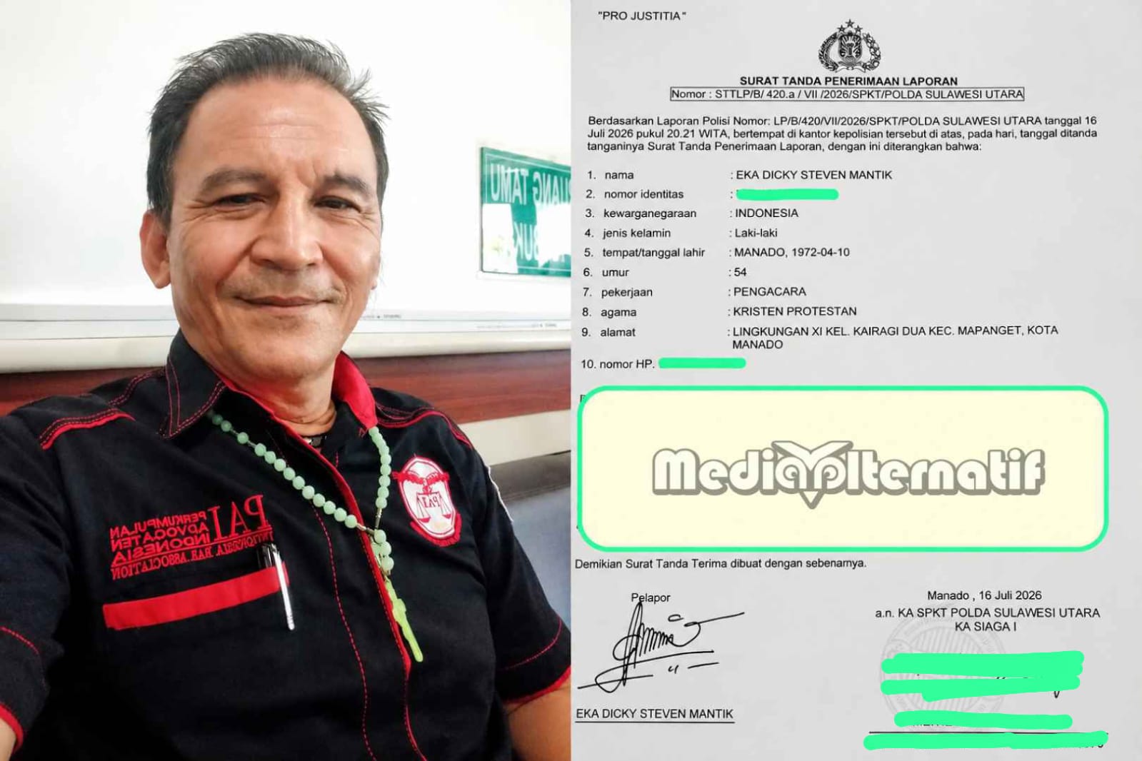 Pelapor Eka Dicky Steven Mantik (kiri) LP di Polda Sulut (kanan). (dok/grafis:mediaalternatif)