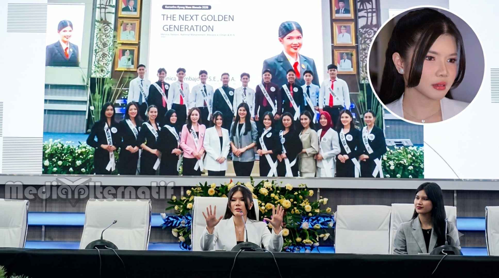 ‎Monica Tambajong foto bersama dengan para Finalis Nyong Nona Manado 2026, di Aula Kantor Walikota Manado, Jumat (3/7/2026).