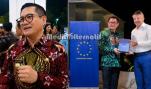 ‎(foto kiri) Bupati Joune Ganda usai Gala Dinner bersama Gubernur dan Delegasi Uni Eropa di Wisma Negara Bumi Beringin, Manado. ‎(foto kanan) Pemberian cenderamata oleh Duta Besar Uni Eropa untuk Indonesia, Denis Chaibi kepada Bupati Joune Ganda di Minut. ‎(dok.mediaalternatif)
