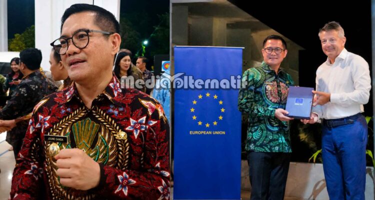 ‎(foto kiri) Bupati Joune Ganda usai Gala Dinner bersama Gubernur dan Delegasi Uni Eropa di Wisma Negara Bumi Beringin, Manado. ‎(foto kanan) Pemberian cenderamata oleh Duta Besar Uni Eropa untuk Indonesia, Denis Chaibi kepada Bupati Joune Ganda di Minut. ‎(dok.mediaalternatif)
