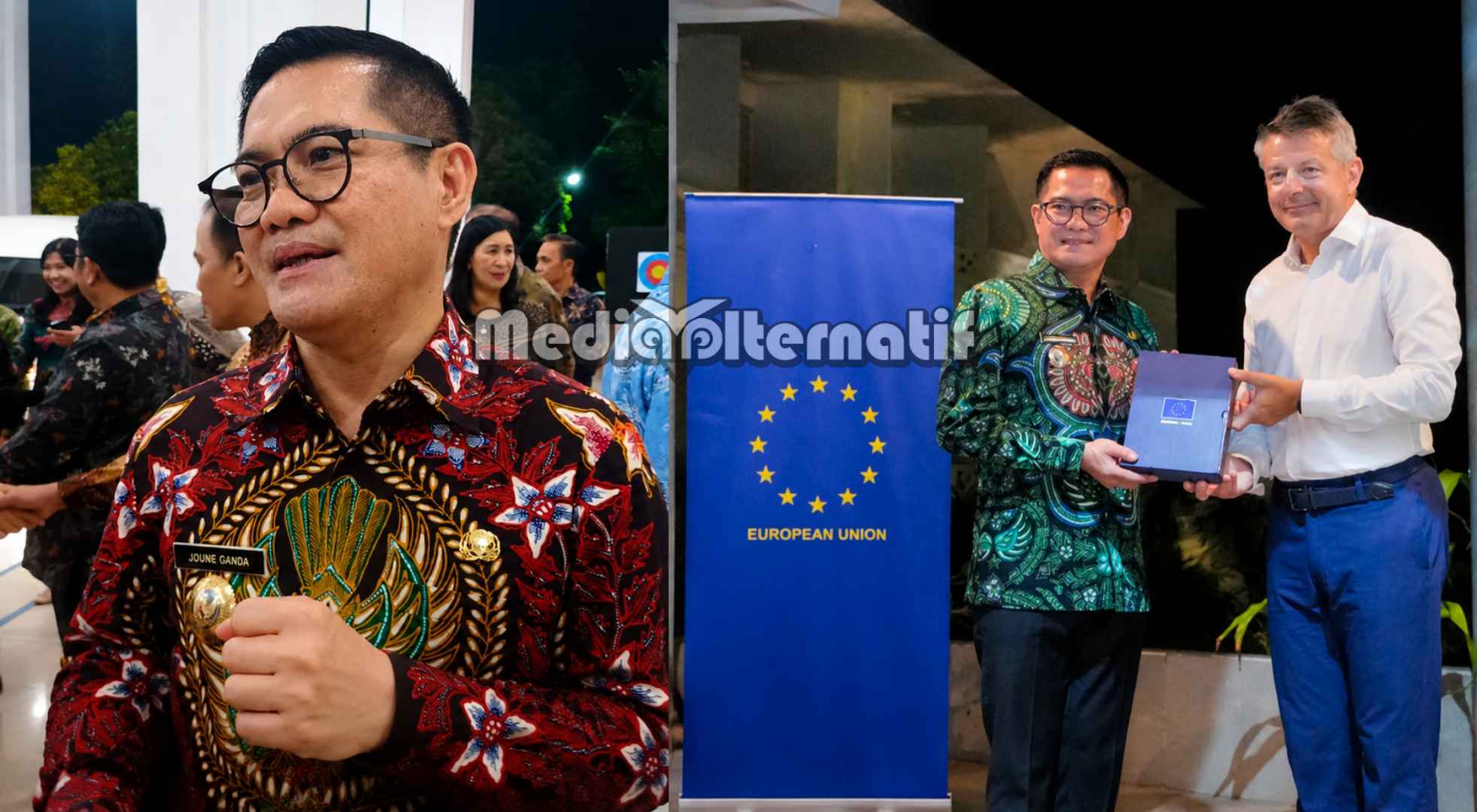 ‎(foto kiri) Bupati Joune Ganda usai Gala Dinner bersama Gubernur dan Delegasi Uni Eropa di Wisma Negara Bumi Beringin, Manado. ‎(foto kanan) Pemberian cenderamata oleh Duta Besar Uni Eropa untuk Indonesia, Denis Chaibi kepada Bupati Joune Ganda di Minut. ‎(dok.mediaalternatif)