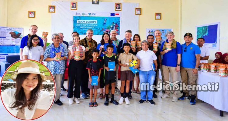 Foto bersama Delegasi Uni Eropa, perwakilan Kementerian Kehutanan ‎Republik Indonesia, WCS Indonesia, dan masyarakat Desa Bahoi, dalam ‎rangka kunjungan peninjauan program kerja sama pelestarian ekosistem ‎pesisir di Minahasa Utara, Sulawesi Utara. Insert foto Kadis Pariwisata dr. Kartika Devi Tanos, MARS (grafis : mediaalternatif)