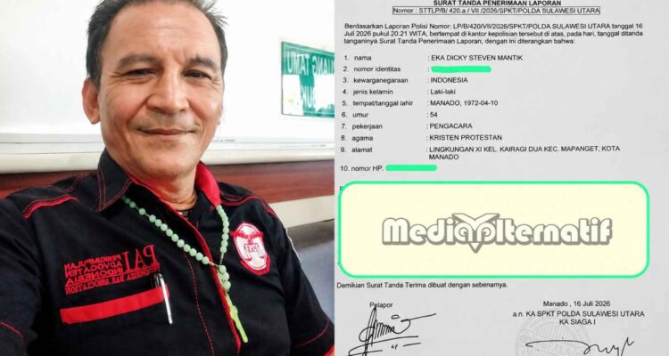 Pelapor Eka Dicky Steven Mantik (kiri) LP di Polda Sulut (kanan). (dok/grafis:mediaalternatif)