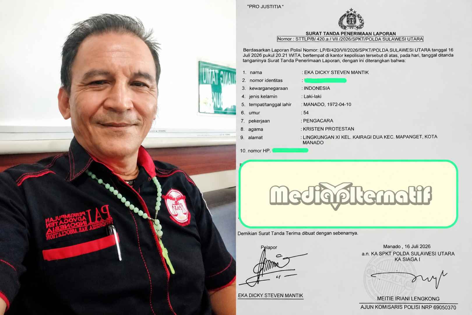 Pelapor Eka Dicky Steven Mantik (kiri) LP di Polda Sulut (kanan). (dok/grafis:mediaalternatif)