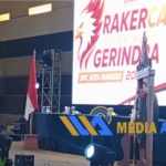 Ketua DPC Gerindra Manado, Louis Carl Schraam, SH, MH saat Rakercab Partai di Ballroom Courtyard by Marriott, Sabtu (5/9/2026).
