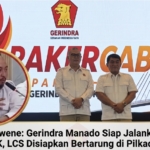 Ketua DPD Gerindra Sulut Mayjen TNI (Purn) Yulius Selvanus, SE dan Ketua DPC Gerindra Manado, Louis Carl Schramm, SH, MH. Insert Ketua Bappilu Gerindra Manado Theodoron Runtuwene, SH, MH