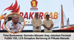 Ketua DPD Gerindra Sulut Mayjen TNI (Purn) Yulius Selvanus, SE dan Ketua DPC Gerindra Manado, Louis Carl Schramm, SH, MH. Insert Ketua Bappilu Gerindra Manado Theodoron Runtuwene, SH, MH