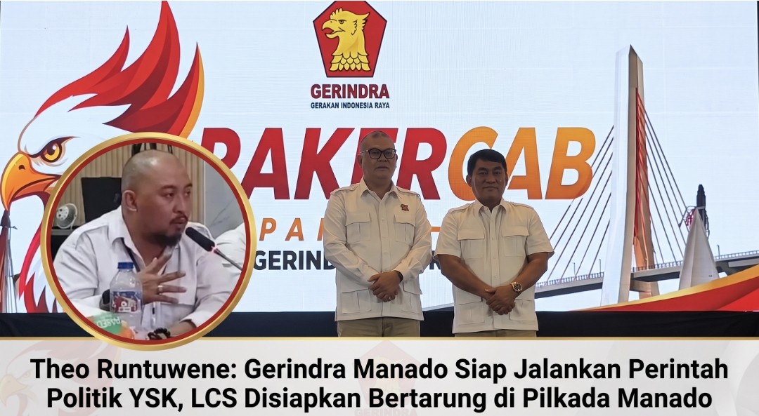 Ketua DPD Gerindra Sulut Mayjen TNI (Purn) Yulius Selvanus, SE dan Ketua DPC Gerindra Manado, Louis Carl Schramm, SH, MH. Insert Ketua Bappilu Gerindra Manado Theodoron Runtuwene, SH, MH