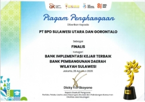 Piagam Penghargaan Finalis Kategori Bank Implementasi KEJAR Terbaik untuk Kelompok Bank Pembangunan Daerah Wilayah Sulawesi