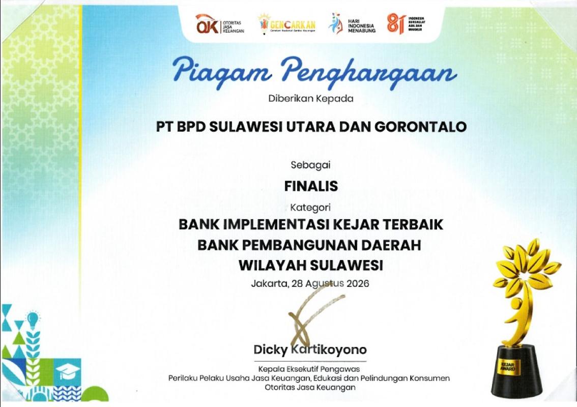 Piagam Penghargaan Finalis Kategori Bank Implementasi KEJAR Terbaik untuk Kelompok Bank Pembangunan Daerah Wilayah Sulawesi